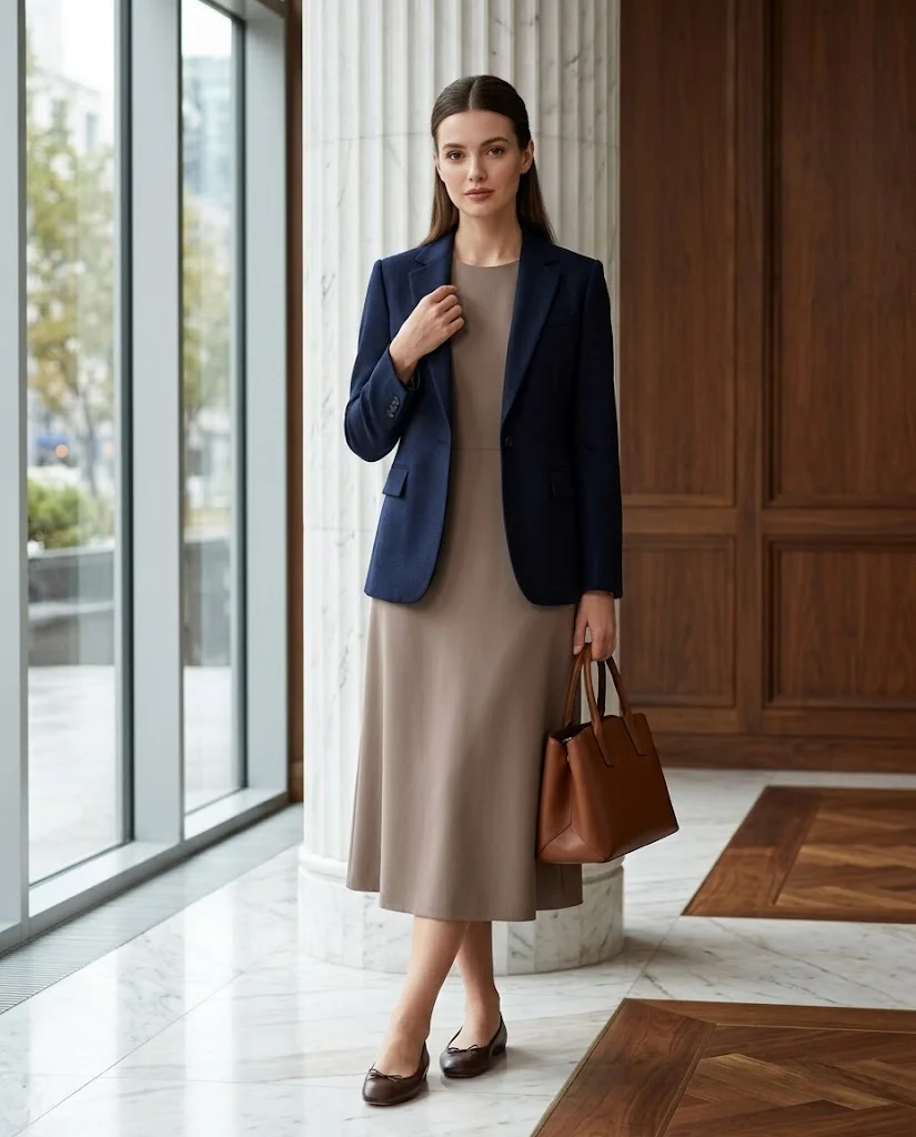 women wearing Midi Dress With a Structured Blazer