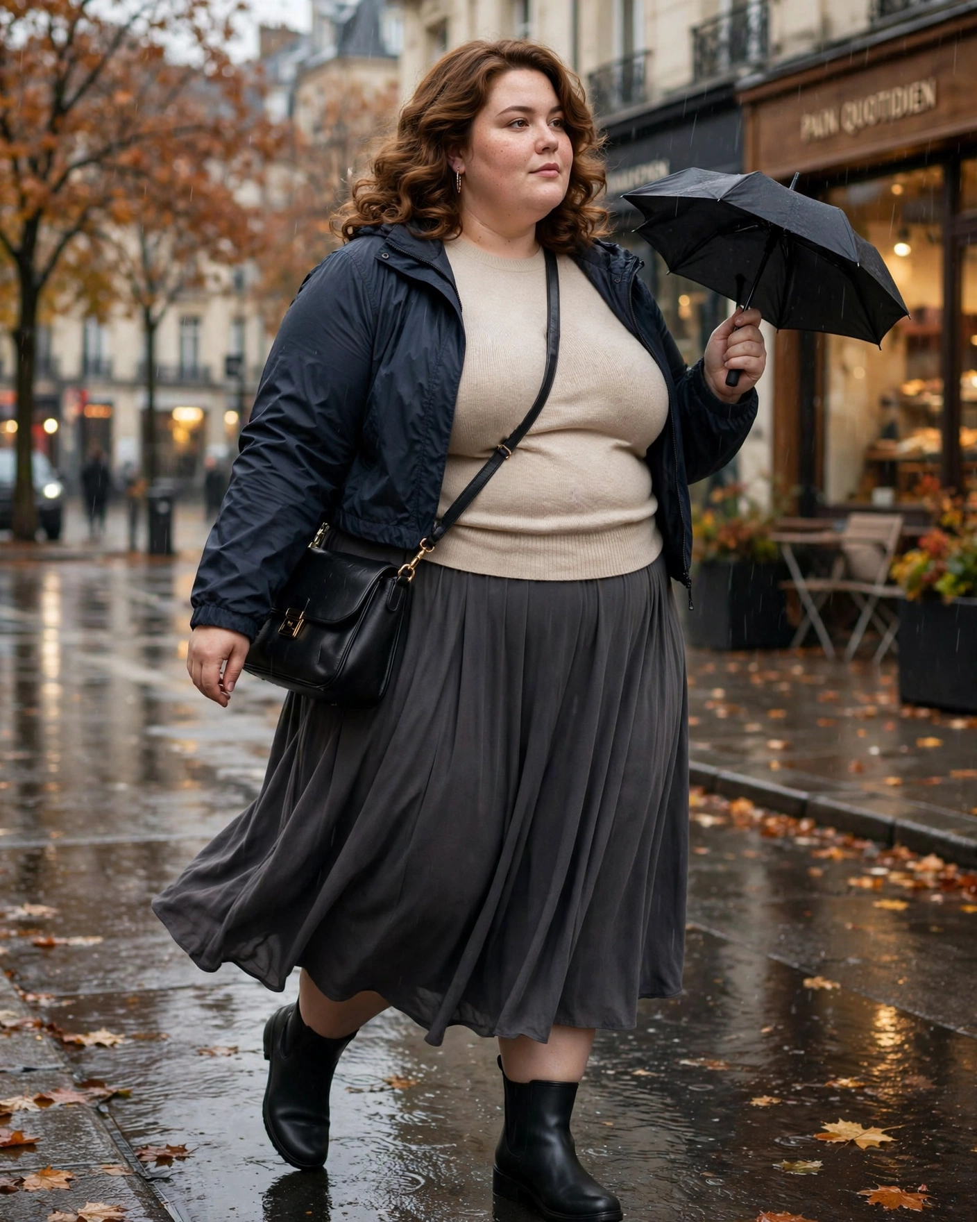 Midi Skirt With a Fitted Sweater and Cropped Rain Jacket Plus Size Rainy Fall Outfit