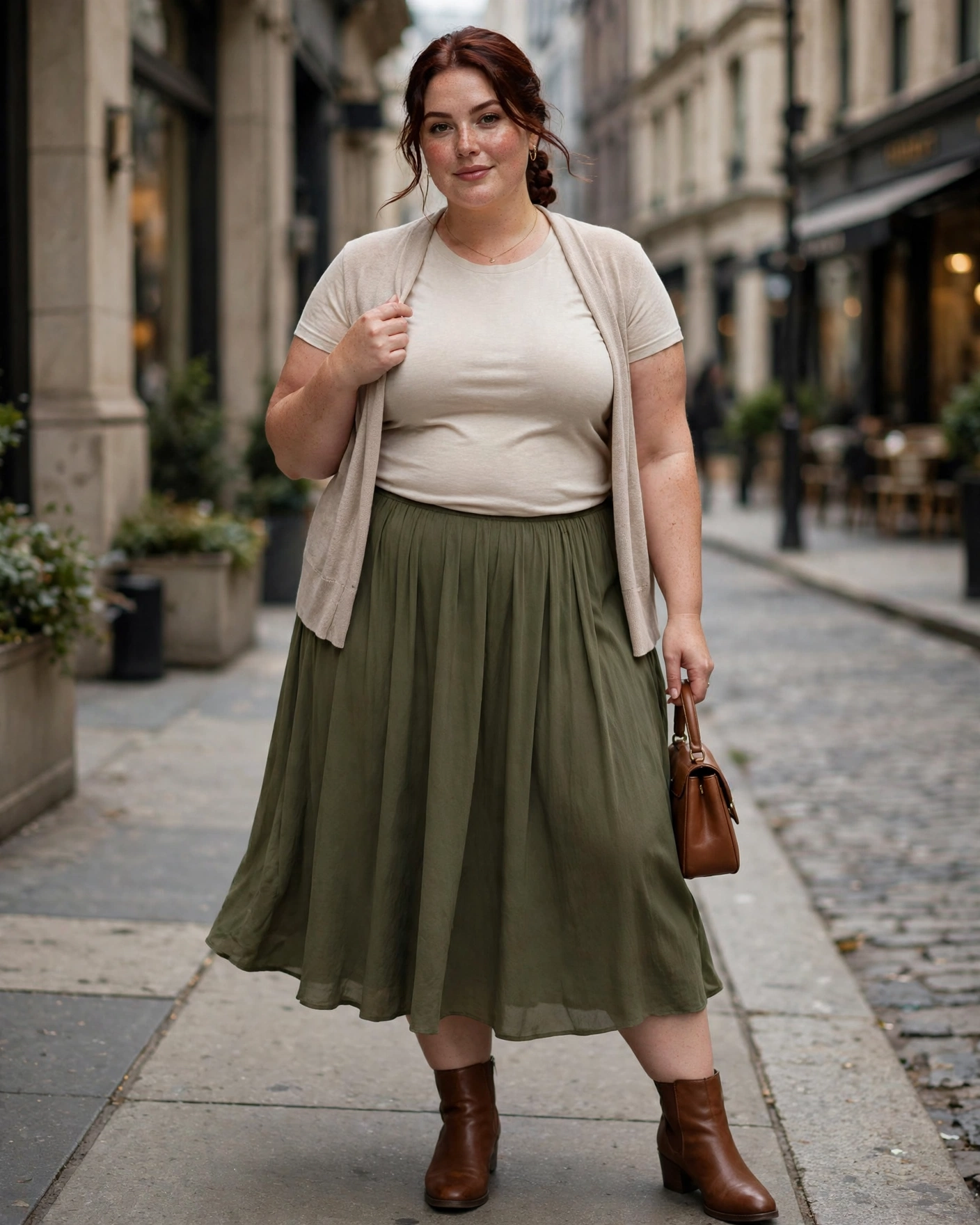 Midi Skirt With a Fitted Tee and Lightweight Cardigan Plus Size Early Fall Outfit