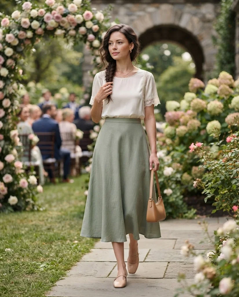 women wearing Midi Skirt With a Lace Detail Blouse
