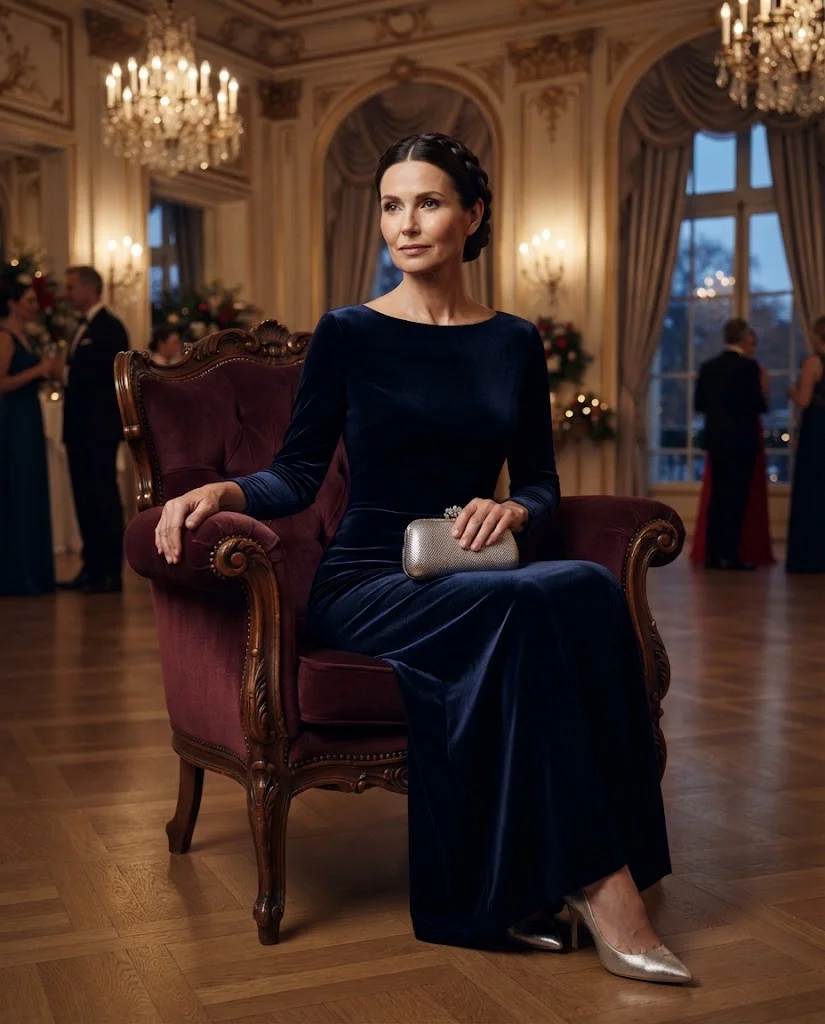 Chic Formal Wedding Guest Outfits for Women Over 50: 20+ Elegant Ideas 21 Midnight Blue Velvet Gown with Silver Accessories, a formal wedding guest outfit for women over 50