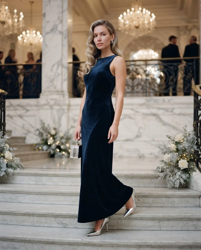 Midnight Blue Velvet Gown with Silver Accessories, a classy and elegant wedding guest outfit for women