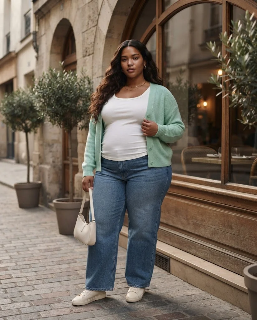 Plus Size Brunch Outfits for Women: 15 Stylish Ideas 14 Mint Green Cardigan With a White Tank and Wide-Leg Jeans Plus Size Brunch Outfit