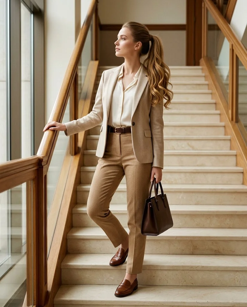 women wearing Monochrome Beige Office Look