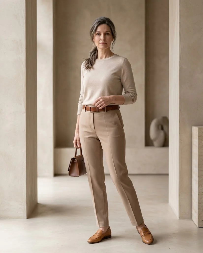 women wearing Monochrome Beige Outfit With Leather Details