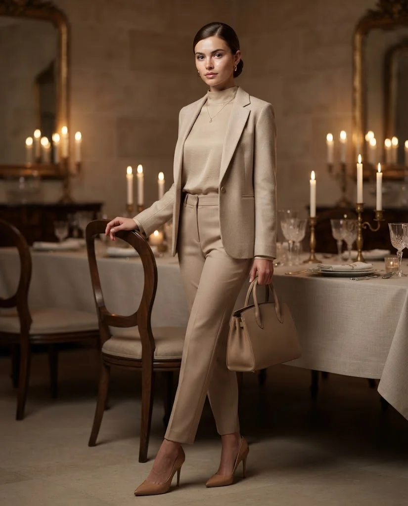 women wearing Monochrome Beige for a Sophisticated Dinner Look