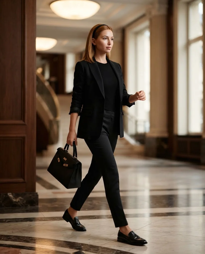 women wearing Monochrome Black With a Structured Handbag