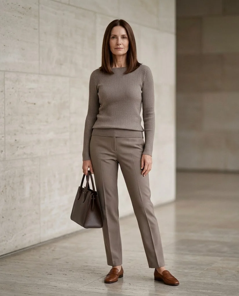 women wearing Monochrome Taupe Knit Set With a Structured Bag