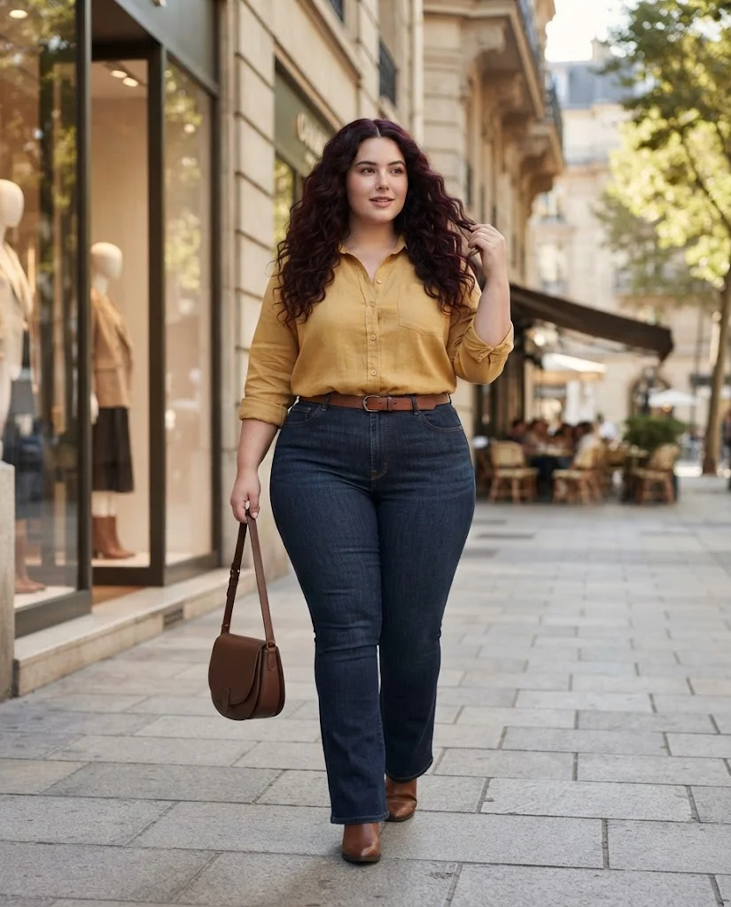 Mustard Button-Up With Dark Bootcut Jeans Plus Size Casual Outfit