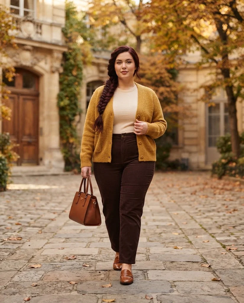 Plus Size Autumn Outfit Ideas for Women: 15 Chic Ideas 12 Mustard Cardigan With Corduroy Pants, a warm plus size autumn outfit idea