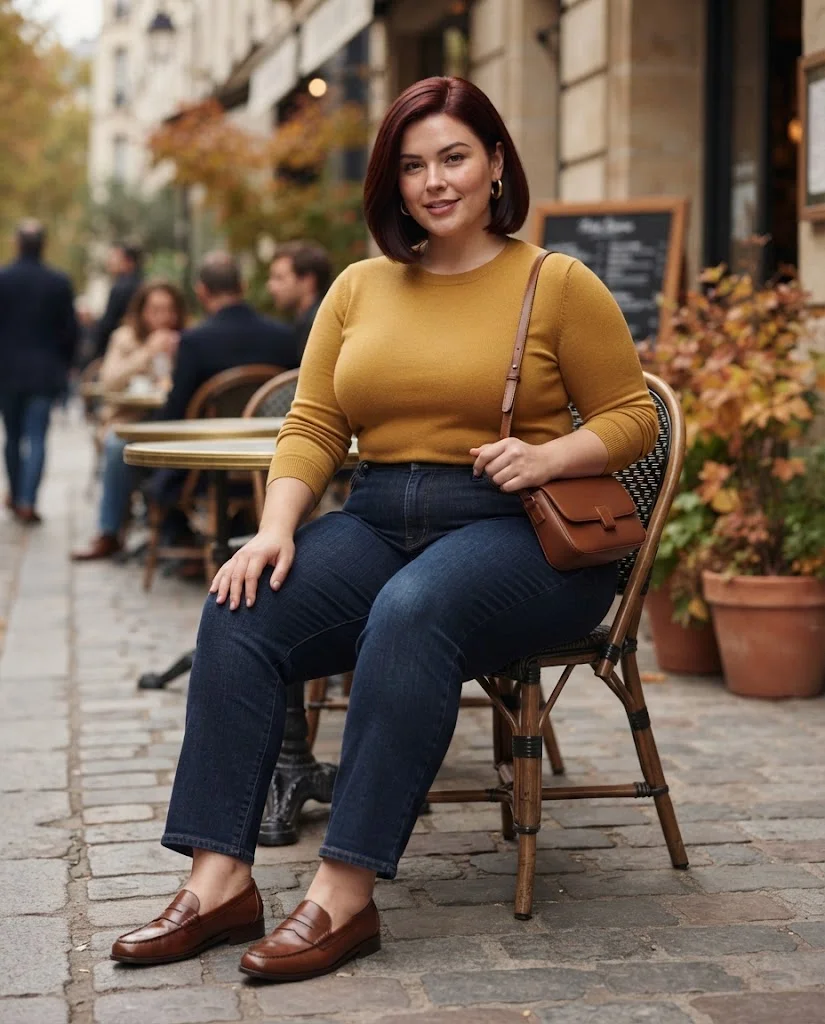 Plus Size Fall Brunch Outfits: Chic Looks for Crisp Autumn Days 5 Mustard Knit Top With Dark Straight-Leg Jeans Plus Size Fall Brunch Outfit