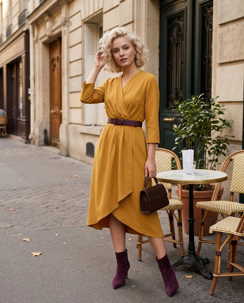 Early Fall Outfits for Women: 20+ Elegant Old Money Ideas 6 Mustard Wrap Midi Dress with Deep Plum Belt, an elegant old money early fall outfit for women