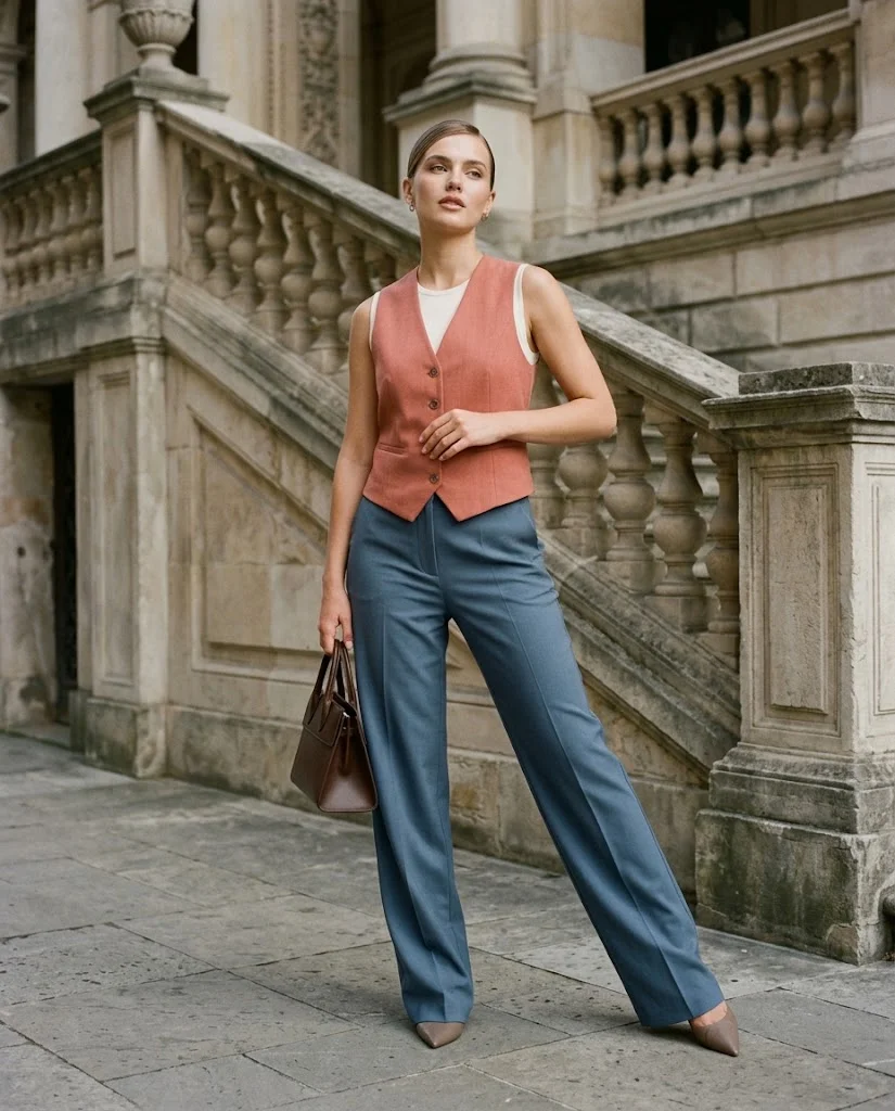 Early Fall Outfits for Women: 20+ Elegant Old Money Ideas 22 Muted Coral Waistcoat with Steel-Blue Wide-Leg Trousers, an elegant old money early fall outfit for women
