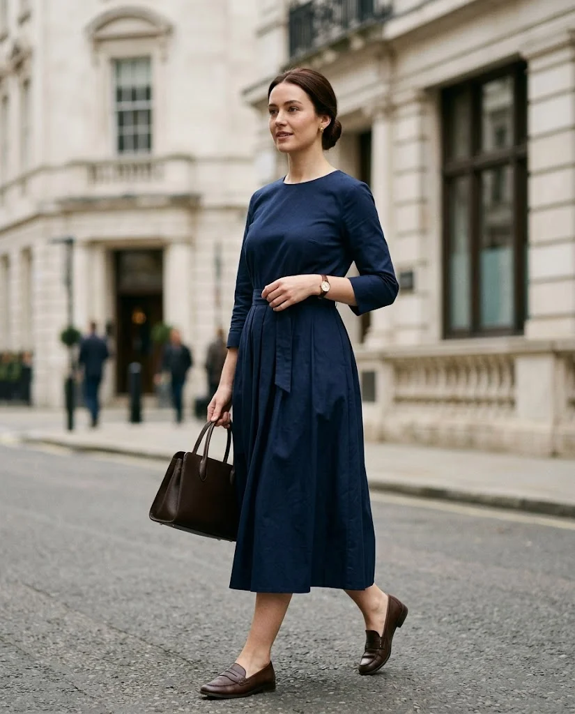 women wearing Navy Belted Midi Dress With Loafers