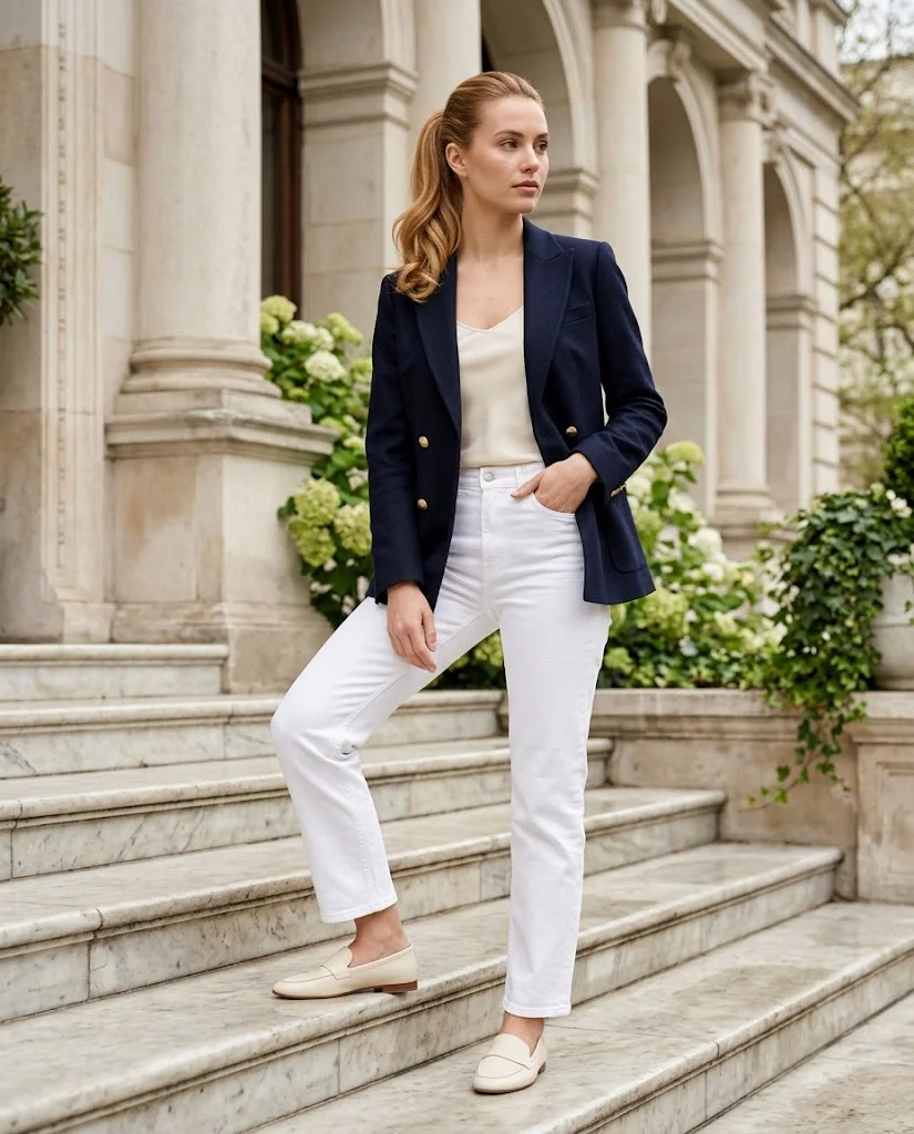 women wearing Navy Blazer, White Denim, and a Clean Base Layer