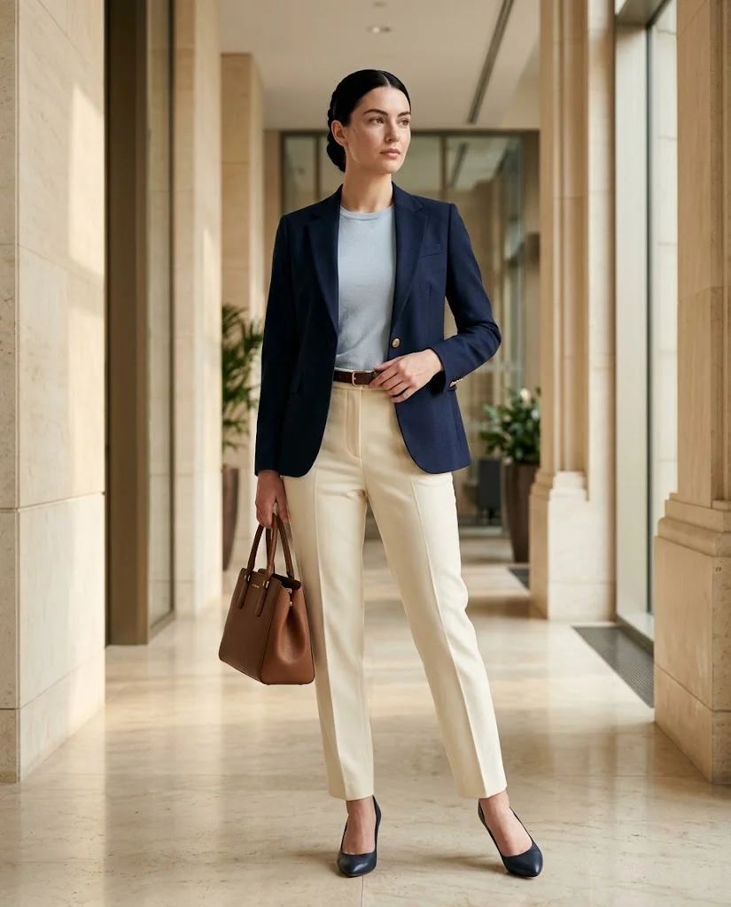 women wearing Navy Blazer With Cream Trousers