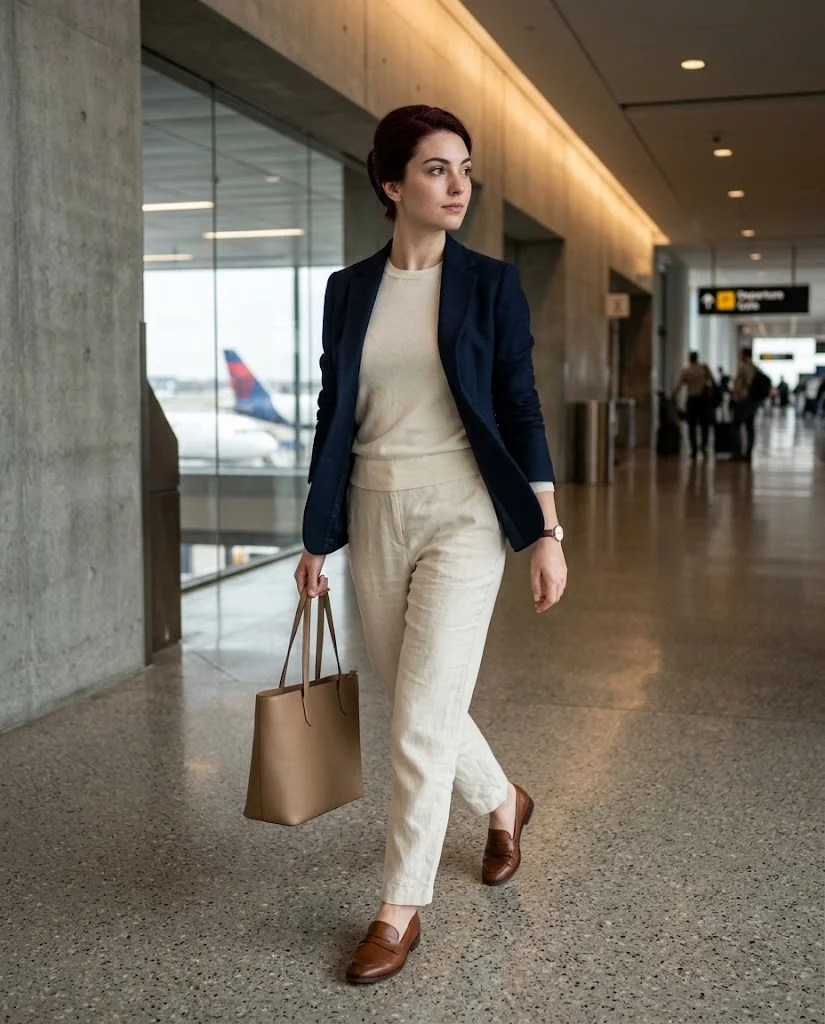 Old Money Airport Outfits: 20+ Chic Travel Looks for Women 6 women wearing Navy Blazer With Relaxed Trousers