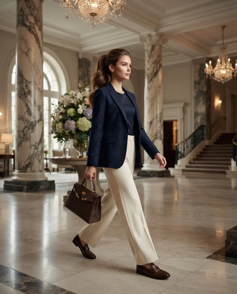 women wearing Navy Blazer With Wide-Leg Trousers