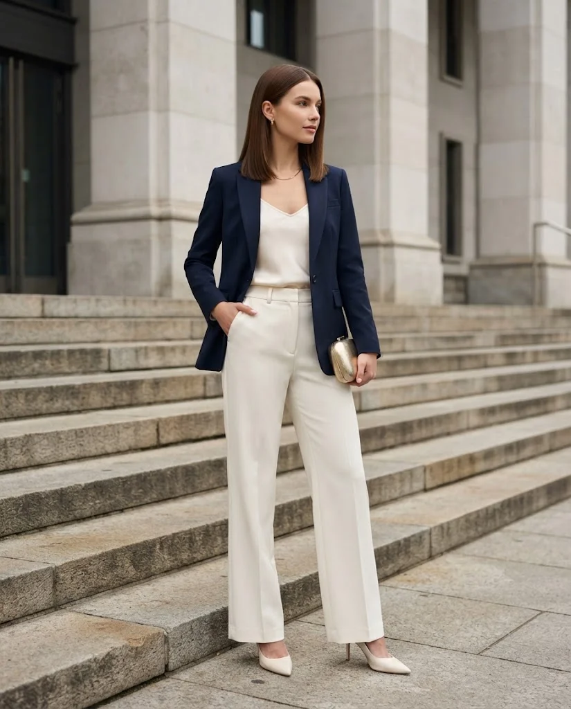 women wearing Navy Blazer With Wide-Leg Trousers