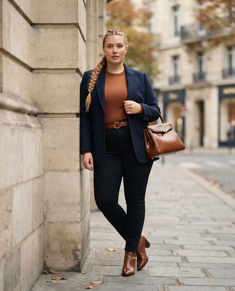 Plus Size Fall Outfits for Women: 15 Stylish Ideas 12 Navy Blazer With a Rust Knit Top and Black Jeans, a polished plus size fall outfit