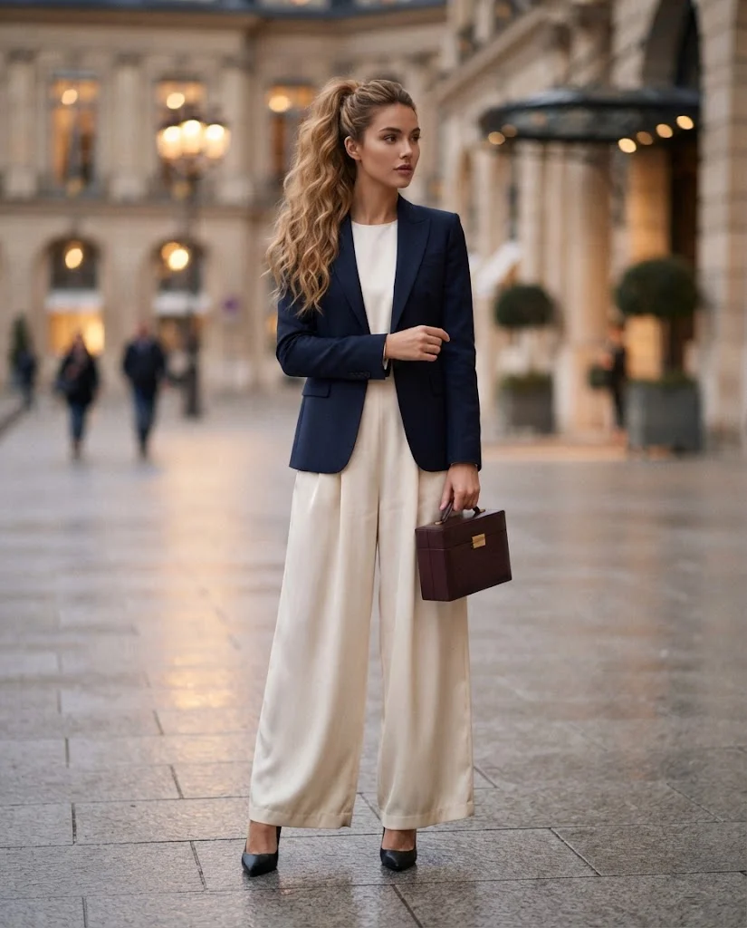 women wearing Navy Blazer With a Silk Wide-Leg Jumpsuit