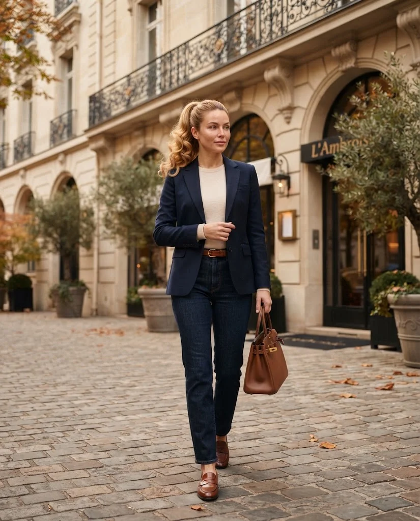 Navy Blazer with Dark Straight-Leg Jeans, an elegant old money fall brunch outfit for women
