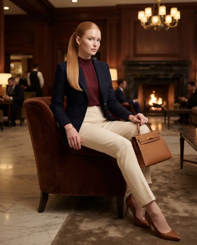Navy Blazer with a Burgundy Blouse and Cream Trousers, an elegant old money fall date night outfit for women