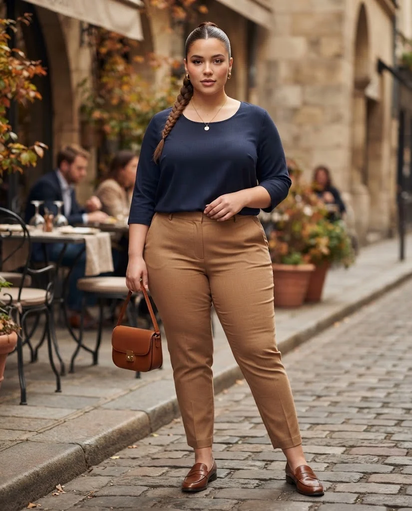 Plus Size Fall Brunch Outfits: Chic Looks for Crisp Autumn Days 14 Navy Blouse With Camel Ankle Pants Plus Size Fall Brunch Outfit