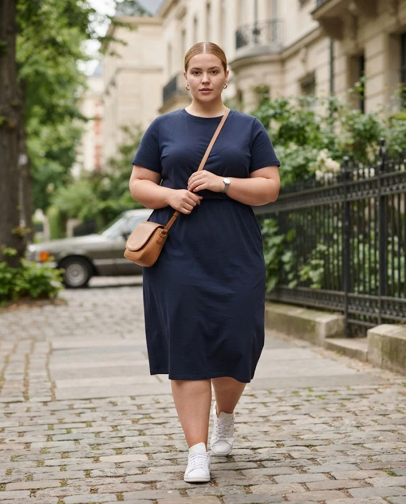 Navy Casual Midi Dress With White Sneakers Plus Size Casual Outfit