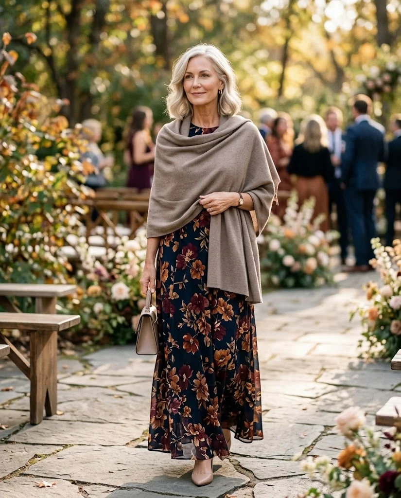 Navy Floral Maxi Dress with Taupe Shawl, a fall wedding guest outfit for women over 50