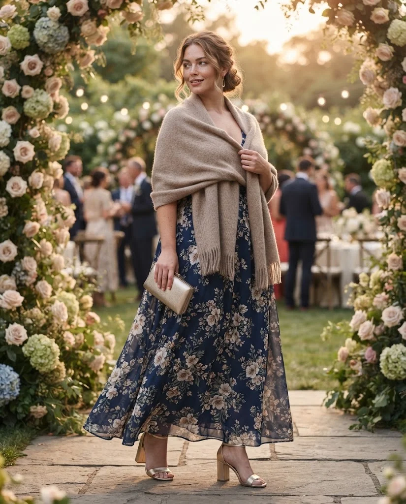 women wearing Navy Floral Maxi Dress With a Soft Wrap