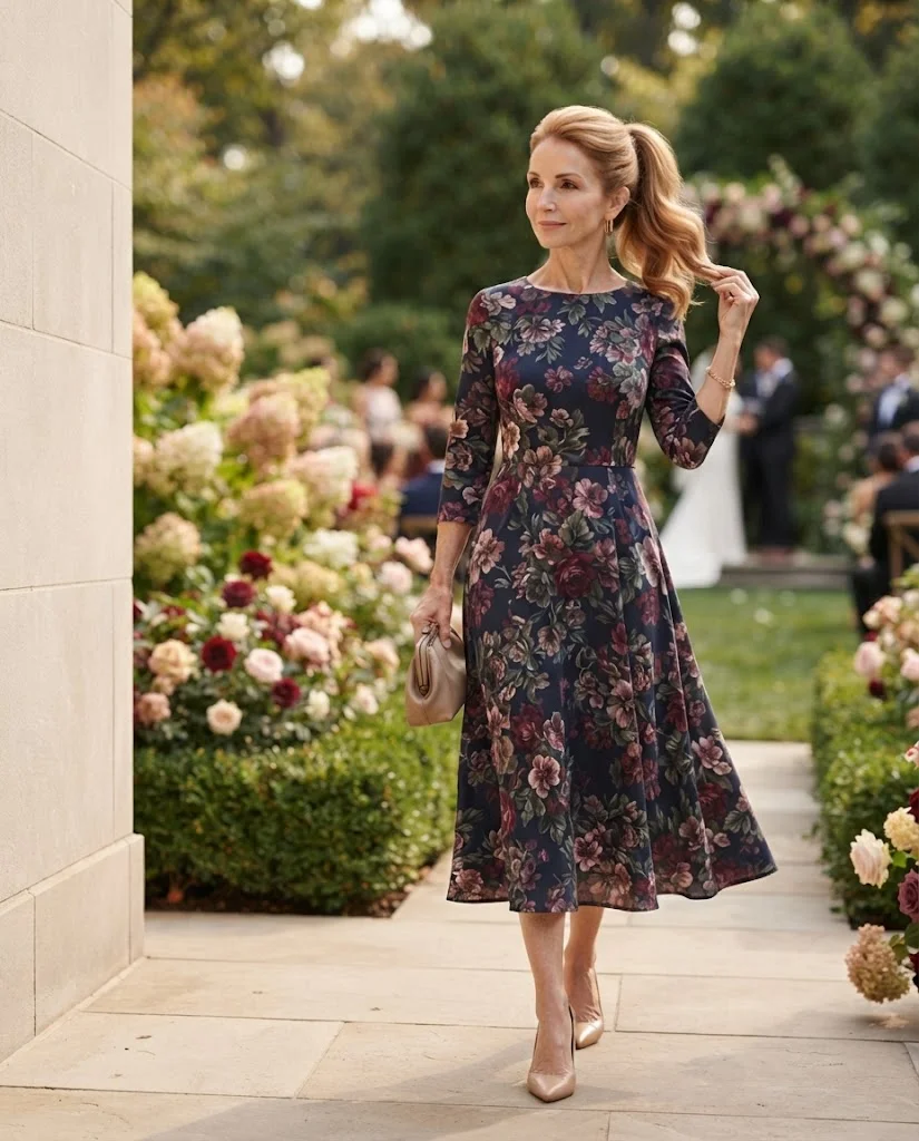 Navy Floral Midi Dress with Nude Heels, an elegant wedding guest outfit for women over 50