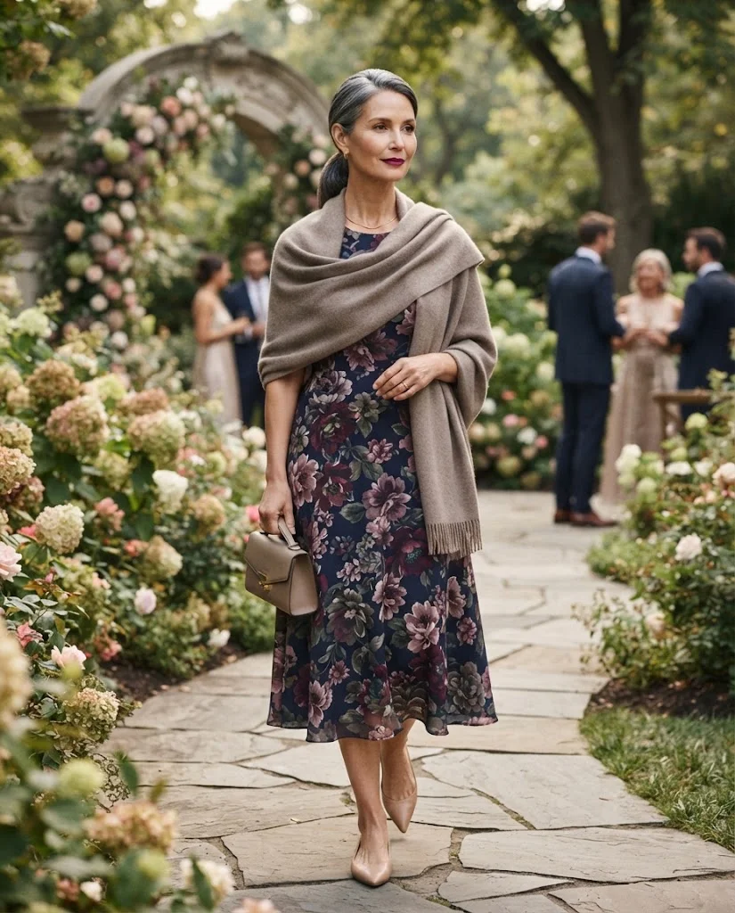 Navy Floral Midi Dress with Taupe Wrap, a semi-formal wedding guest outfit for women over 50