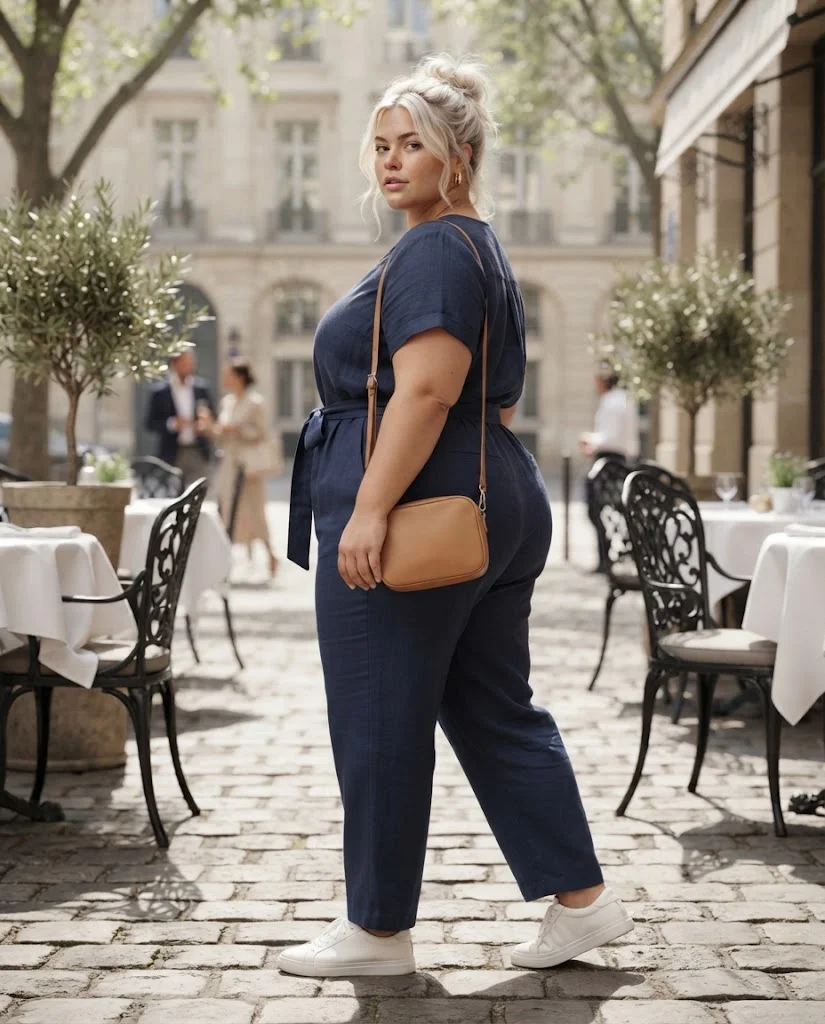 Plus Size Brunch Outfits for Women: 15 Stylish Ideas 13 Navy Jumpsuit With White Sneakers Plus Size Brunch Outfit