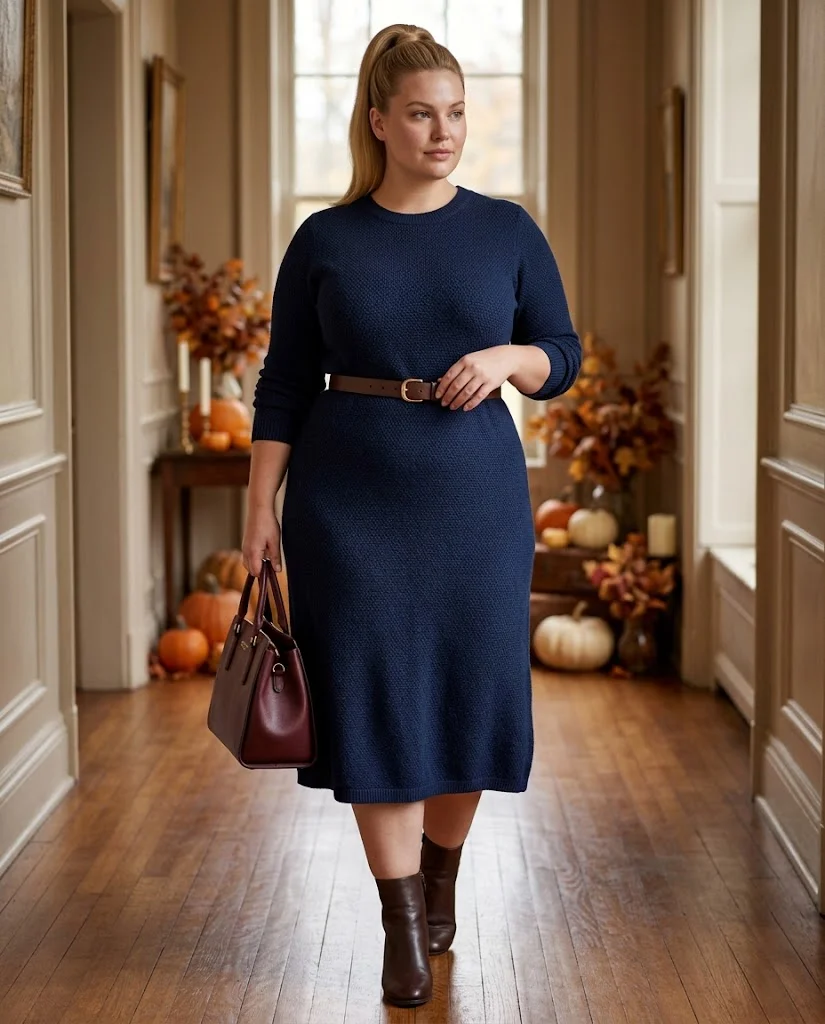 Navy Knit Dress With a Burgundy Handbag Plus Size Thanksgiving Outfit