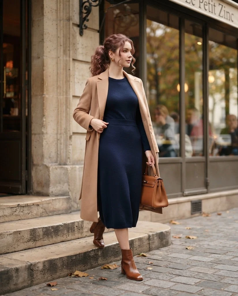 Navy Knit Dress with Camel Accessories, an elegant old money fall brunch outfit for women
