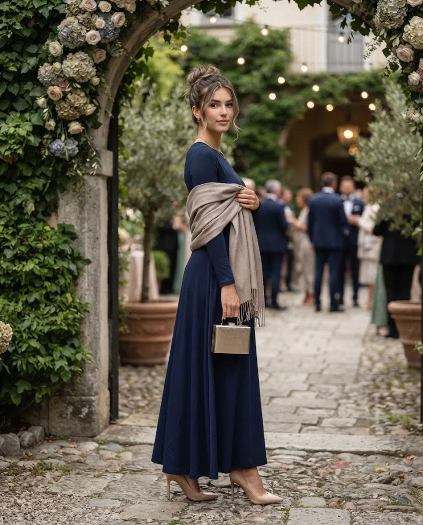 women wearing Navy Long-Sleeve Maxi Dress With a Beige Wrap