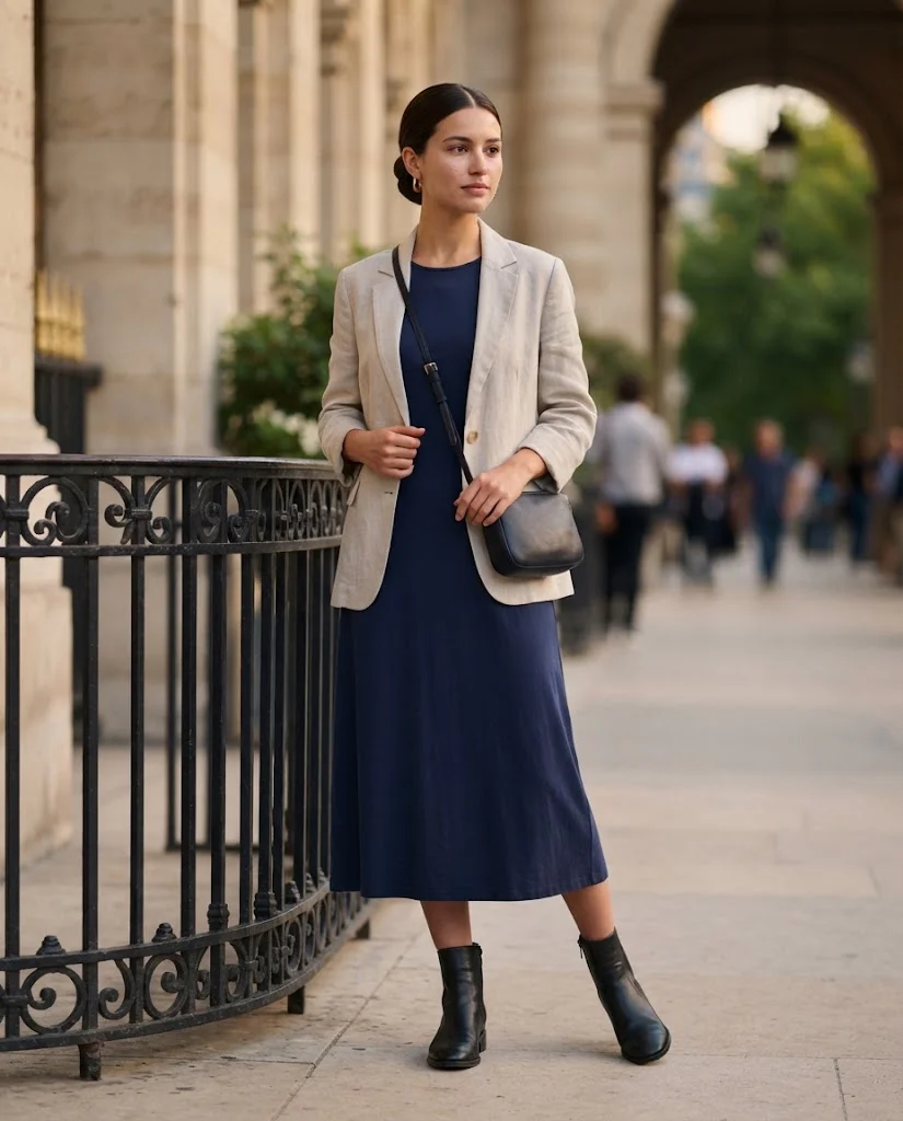 women wearing Navy Midi Dress With Ankle Boots