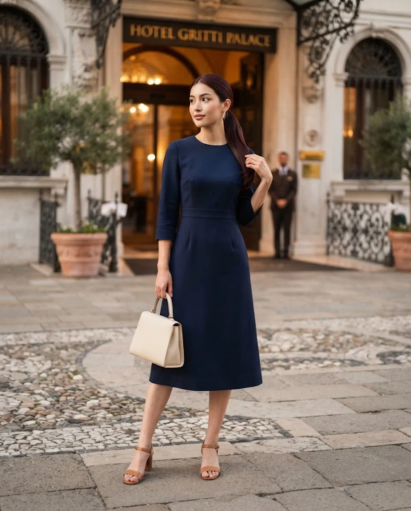 women wearing Navy Midi Dress With Tan Sandals