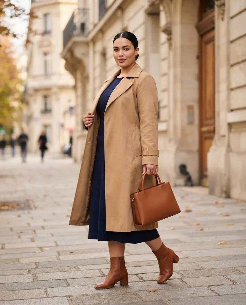 Plus Size Autumn Outfit Ideas for Women: 15 Chic Ideas 3 Navy Midi Dress With a Camel Trench Coat, a chic plus size autumn outfit idea