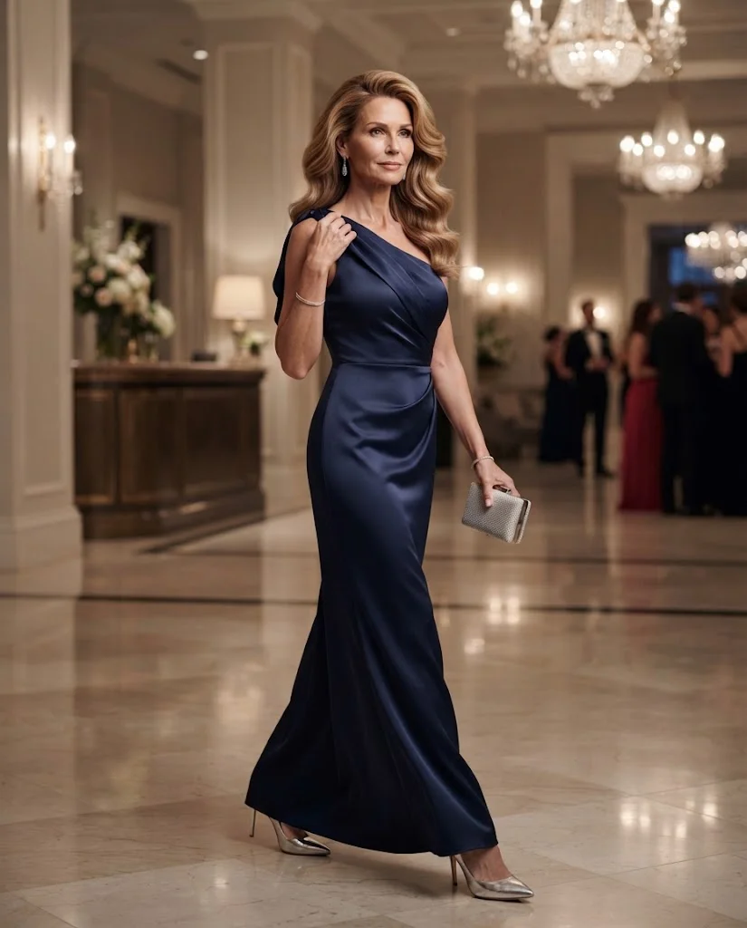 Chic Formal Wedding Guest Outfits for Women Over 50: 20+ Elegant Ideas 3 Navy One-Shoulder Draped Gown with Silver Clutch, a formal wedding guest outfit for women over 50