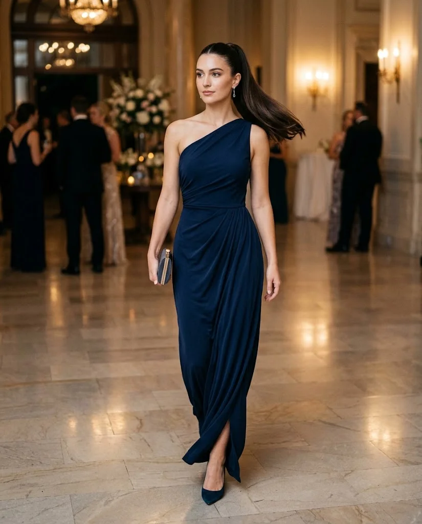 women wearing Navy One-Shoulder Draped Gown