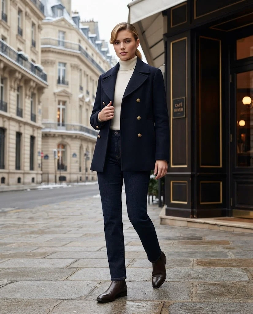 women wearing Navy Peacoat With White Knit and Dark Jeans