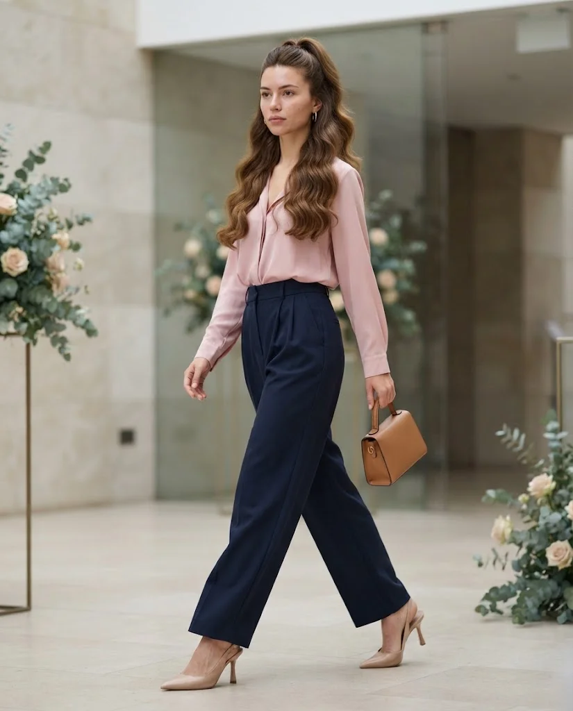 women wearing Navy Pleated Trousers With a Pink Blouse
