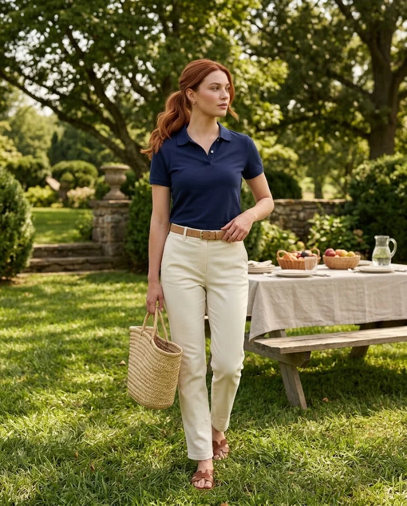 women wearing Navy Polo With Cream Trousers