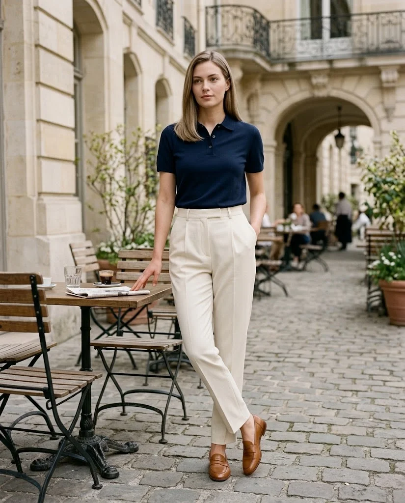women wearing Navy Polo and Cream Trousers for a Refined Casual Look