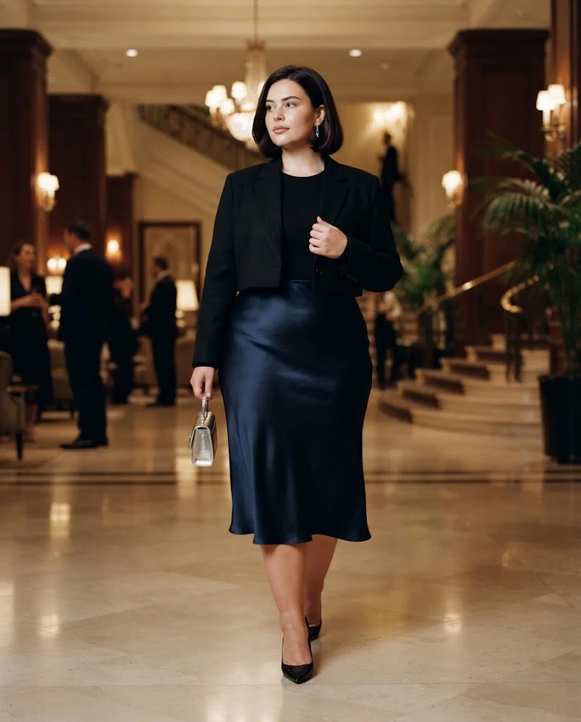 Navy Satin Midi Skirt With a Black Fitted Top Plus Size Date Night Outfit