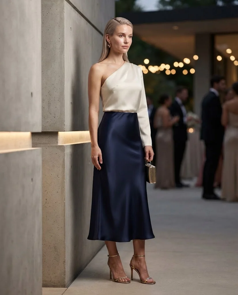 women wearing  Navy Satin Midi Skirt With a One-Shoulder Blouse