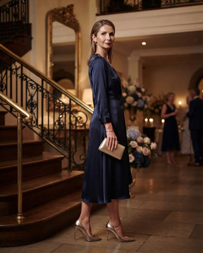 Navy Satin Wrap Dress with Metallic Heels, a semi-formal wedding guest outfit for women over 50