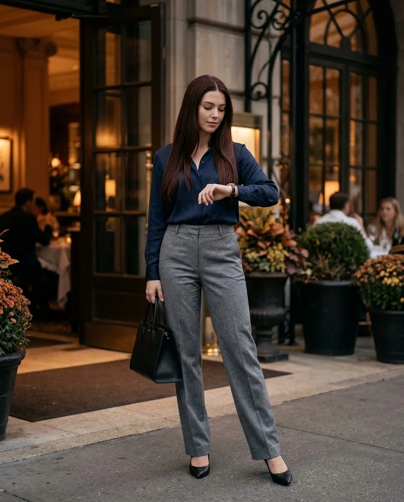 Navy Silk Blouse with Gray Wool Trousers, an elegant old money fall dinner outfit for women